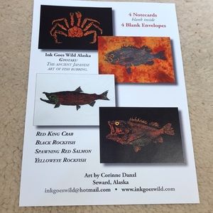 4 Blank Notecards and envelopes with original artwork of Alaskan fish